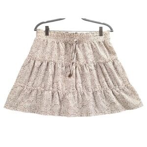 Indigo Rising Womens Tiered Mini Skirt Cream Sz L‎ Brown Leaf Print Smocked Boho